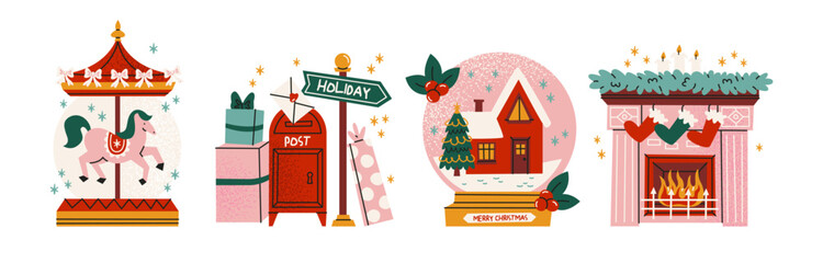 Naklejka premium Cozy Christmas compositions in retro cartoon style. Warm holiday carousel, gift postbox, snowy cottage and festive fireplace creating a soft nostalgic winter mood full of magic and home comfort