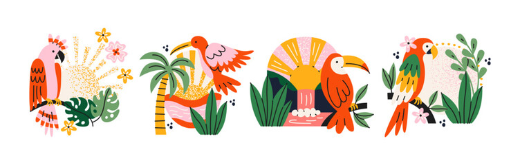 Obraz premium Tropical bird compositions in retro cartoon style. Parrots, toucans, palm tree, jungle leaves, exotic flowers, sunset and tropical plants. Summer rainforest graphics, exotic island animal stickers