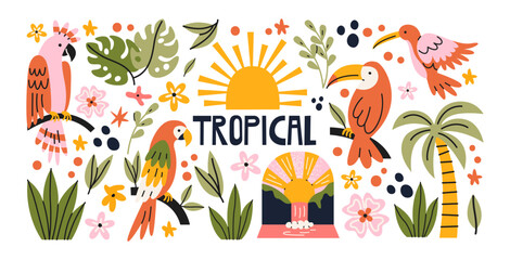 Tropical bird stickers in retro cartoon style. Parrots, toucans, palm tree, jungle leaves, exotic flowers, sunset and tropical plants. Summer rainforest graphics, exotic island animal stickers © Limpreom