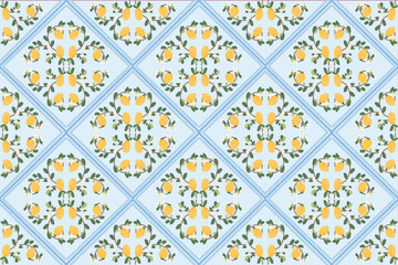 yellow lemon on blue line block print seamless pattern background