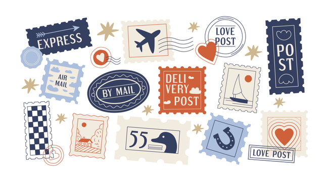 Vintage travel postage stamps in retro cartoon style. Postmarks, airmail labels, express delivery icons, aviation signs and decorative mail stickers for journaling and scrapbooking projects