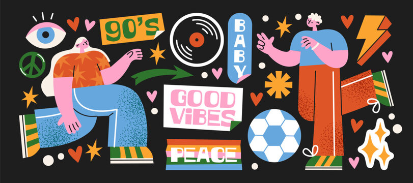 90s disco lifestyle compositions in retro cartoon style. Retro characters, vinyl record, soccer ball, peace symbol, lightning, hearts and groovy typography. Funky dance culture graphics, nostalgic