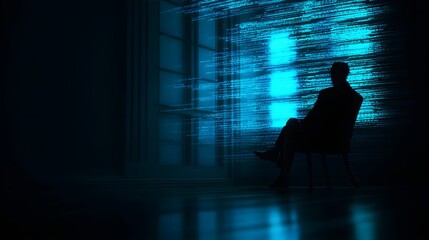 Silhouette of a person sitting in front of a digital display, contemplating technology.