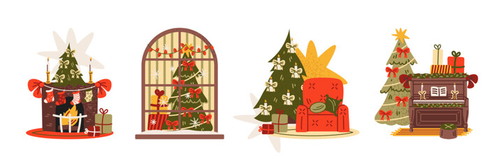 Naklejka premium Cozy holiday home compositions with decorated Christmas tree scenes in retro cartoon style. Warm festive interiors with gifts and fireplace, New Year mood illustrations. Magical home ambience