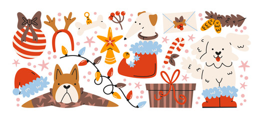 Fototapeta premium Christmas dog stickers set with festive pets in cozy winter shapes. Cartoon puppies, hats, lights, gifts, holiday details, New Year vibes, Xmas mood, playful animals, cheerful seasonal illustrations
