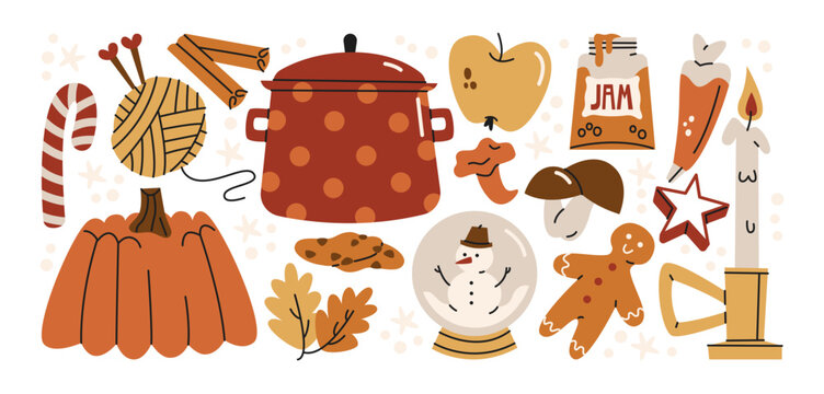 Cozy winter compositions in retro cartoon style. Gingerbread cookie, candle, jam jar, pudding, cinnamon, snow globe, knitting yarn and festive desserts. Holiday baking graphics, Christmas kitchen 