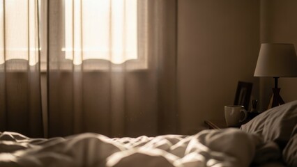 Peaceful morning light illuminates a cozy bedroom interior with soft curtains and rumpled bedding
