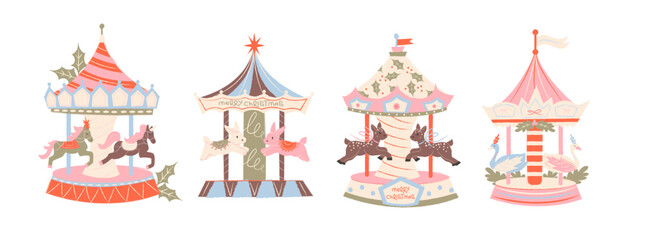 Christmas carousel ornaments in retro cartoon style. Festive fair rides with horses, decorative tents and holiday details, cozy winter celebration mood inspired by European Christmas markets © Limpreom
