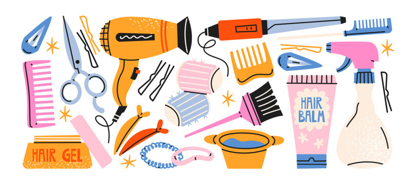 Hair salon tools and hairstyling routine in retro cartoon style. Hair dryer, scissors and combs with brushes, clips and cosmetic products, everyday beauty care workflow, playful hand drawn stickers 