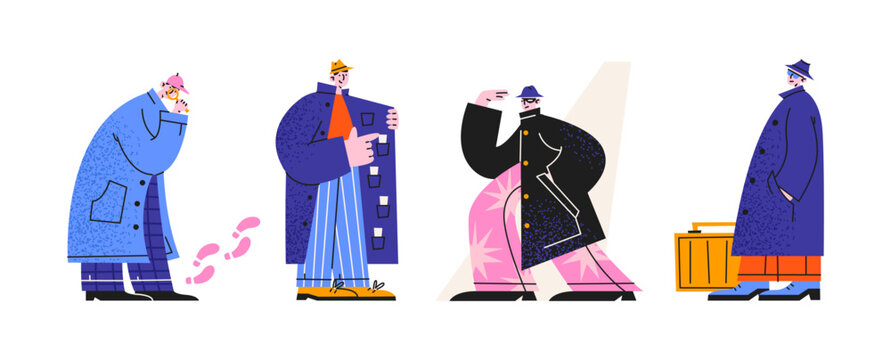 Incognito criminals characters in retro cartoon style. Secretive figures in coats and hats, hidden identities and suspicious behavior, anonymous urban personalities, mysterious crime atmosphere