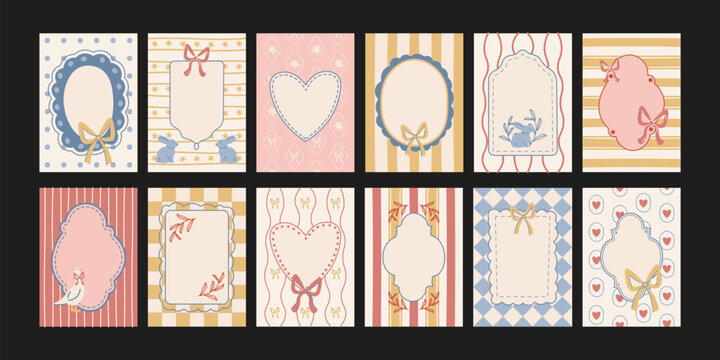 Cute decorative frames in soft pastel cartoon style. Hand drawn posters with bows, hearts and playful shapes, gentle scrapbook aesthetics for cards, notes and children designs, cozy romantic mood with