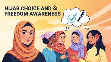 Diverse women discussing hijab choice and freedom awareness illustration for empowerment and human rights campaigns vector art
