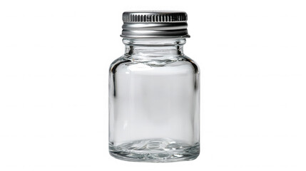 Clear glass bottle with silver cap on transparent background