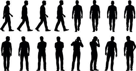 Set of black silhouettes of a man walking in profile and standing in various poses with crossed arms and thinking.