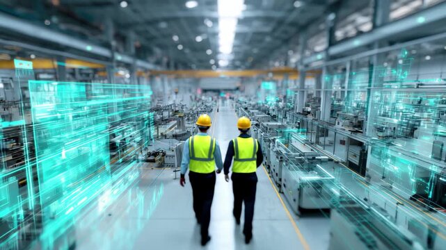 Two factory workers in safety vests and hard hats observing a modern manufacturing floor with augmented reality data overlays, 4k video