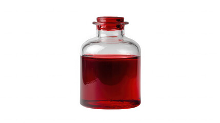 Transparent glass bottle with red liquid on transparent background