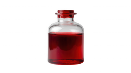Transparent glass bottle with red liquid on transparent background