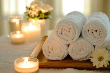 A serene spa setting with a wooden table holding rolled towels, lit candles, and a vase of flowers. The background features a tranquil body of water and lush greenery, creating a peaceful atmosphere.