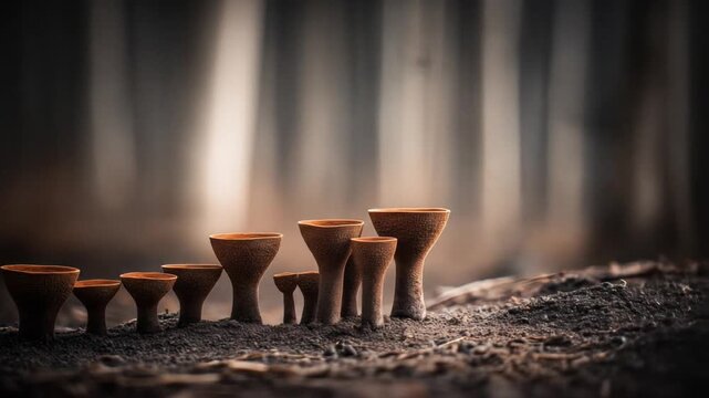 A row of goblet-shaped fungi with textured surfaces on dark soil, blurred forest background