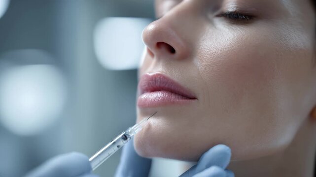 Closeup of woman receiving dermal filler injection in chin area by gloved hand, 4k video