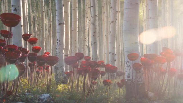 A fantasy forest features a multitude of red, bowl-shaped forms amidst white birch trees