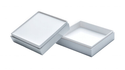 Open white gift box with lid slightly ajar on transparent background