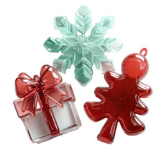 Fototapeta premium Festive Trio: A delightful collection of holiday ornaments, including a sparkling snowflake, a charming gingerbread man, and a beautifully wrapped present, capturing the joyful spirit of the season.