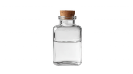 Clear glass bottle with cork stopper on transparent background