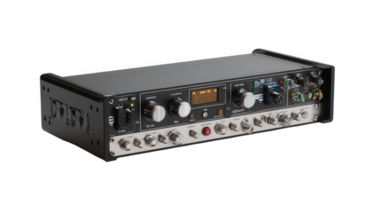 Professional audio mixing console equipment for recording studios and live sound applications on transparent background