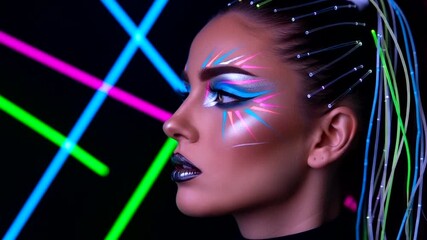 Futuristic makeup portrait with neon lights backdrop
