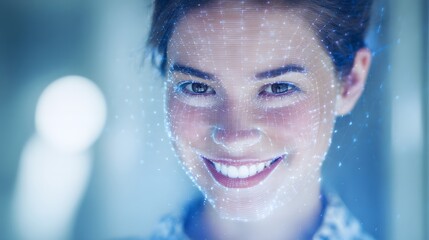 Smiling woman with digital overlay, futuristic technology concept, face recognition, artificial intelligence.