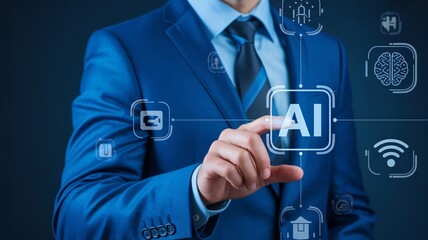 Businessman in blue suit interacting with artificial intelligence interface with various technology icons