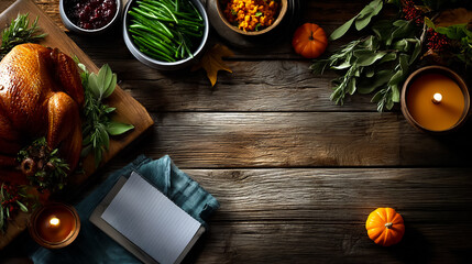 A beautifully arranged Thanksgiving Day table featuring a roasted turkey, green beans, cranberry sauce, and pumpkin decorations. Warm candlelight adds a cozy atmosphere.