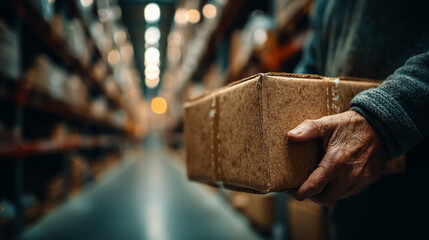 A person holds a cardboard parcel in a warehouse. Shelves filled with boxes line the background. The scene emphasizes delivery and logistics.