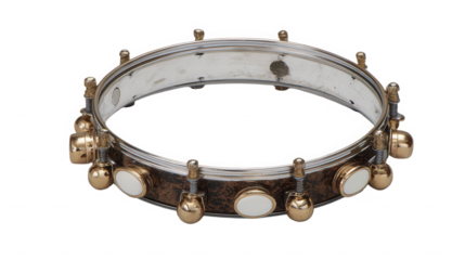 Tambourine with dark brown wooden frame and metal jingles on transparent background. on transparent background