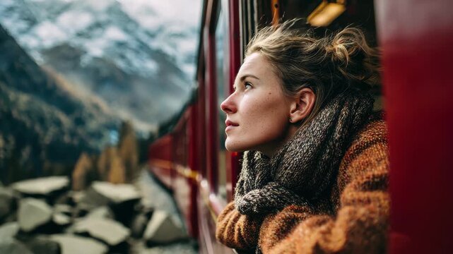 Young woman leaning out of a red train window looking at snowy mountains and landscape during a scenic journey, 4k video