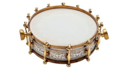Exquisite traditional drum with intricate gold and white design on transparent background