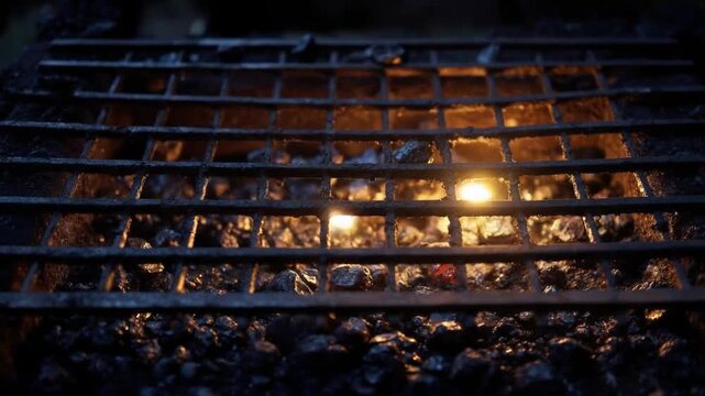 A close up of a grill grate over glowing coals, with a dim, warm, and inviting ambiance