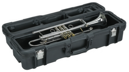 Silver trumpet safely stored in a black protective case on transparent background