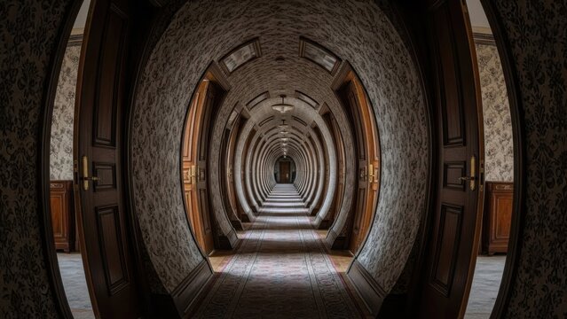 A disorienting elongated hallway featuring a striking optical architectural distortion and