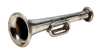 Classic silver trumpet with worn finish and visible signs of aging on transparent background
