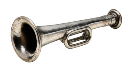 Classic silver trumpet with worn finish and visible signs of aging on transparent background