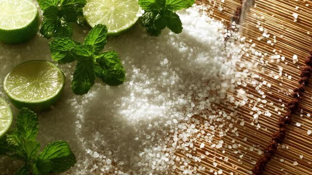 Composition featuring fresh lime slices, green mint leaves, and white coarse salt on a bamboo mat