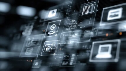 Abstract digital interface with glowing icons for data security, cloud computing, and system management, 4k video - Powered by Adobe