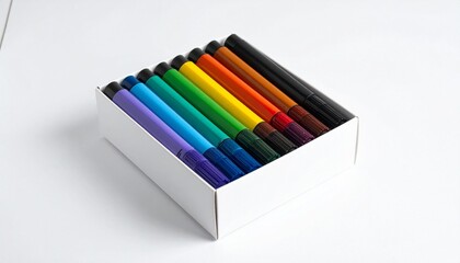 White Box with Colorful Markers and Stack of White Paper on Clean Surface