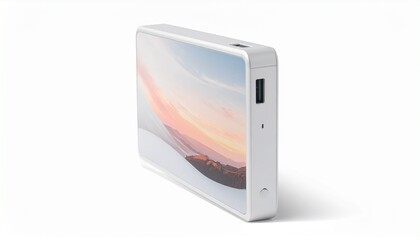 Compact White Electronic Device with Scenic Display and USB Port on Neutral Surface