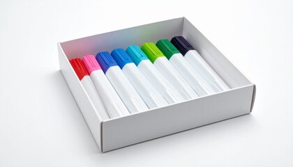 White Box with Colorful Markers and Stack of White Paper on Clean Surface