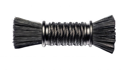Double-ended twisted wire brush for cleaning and polishing metal surfaces with spiral bristles on transparent background. on transparent background