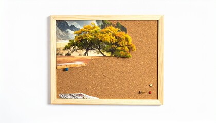 Cork Bulletin Board with Landscape Photo Integration, Push Pins, and Paper on White Wall