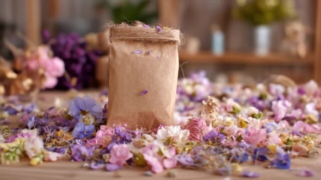 A rustic still life features a brown paper bag with string and a vibrant mix of dried petals